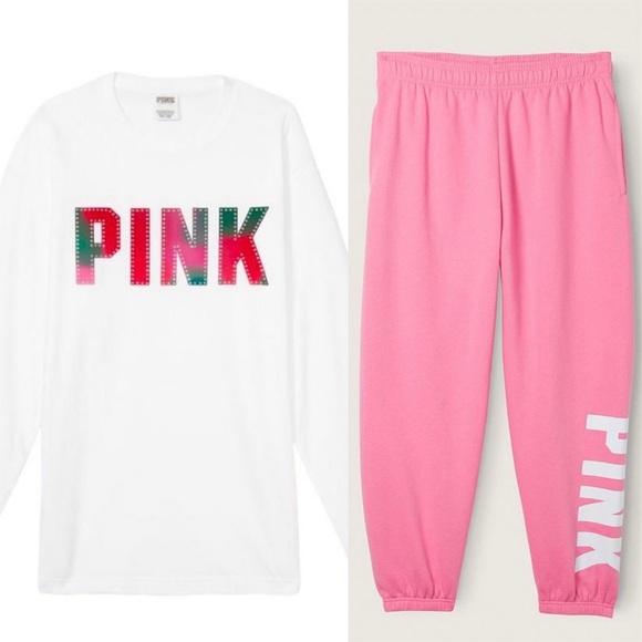 πNWT VS PINK WHITE CAMPUS BLING TEE AND FLEECE BAGGY JOGGERS / 2 PIECE SET PINK - Picture 1 of 15